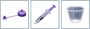 Three common medicine tools; from left-to-right, purple bottle adapter, clear and purple oral syringe and clear measuring cup